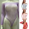 Womens Babydoll Lingerie Sheer Fishnet Mesh Long Sleeve Bodysuit Sparkling Rhinestones Jumpsuit Leotard Top Nightwear