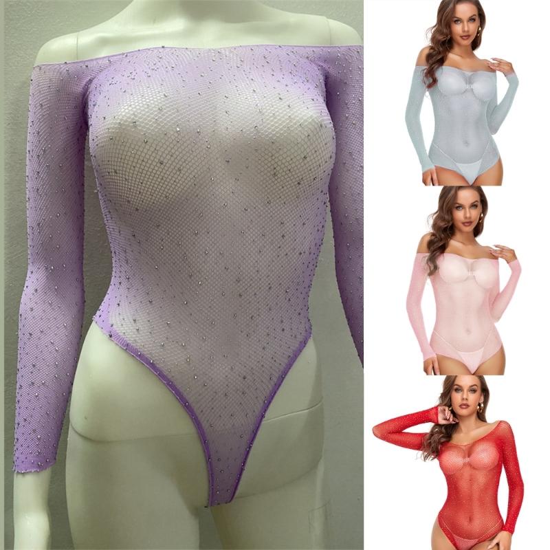 Womens Babydoll Lingerie Sheer Fishnet Mesh Long Sleeve Bodysuit Sparkling Rhinestones Jumpsuit Leotard Top Nightwear