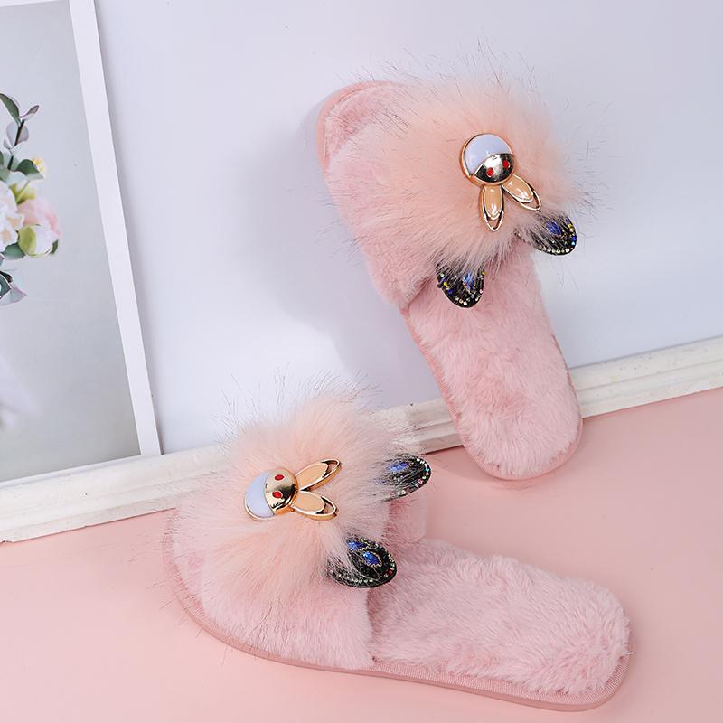 Fashion Cute Cartoon Animal Fur Slippers Women Open Toe Lightweight Plush Slippers Woman Winter Indoor Faux Fur Cotton Slides Ladies