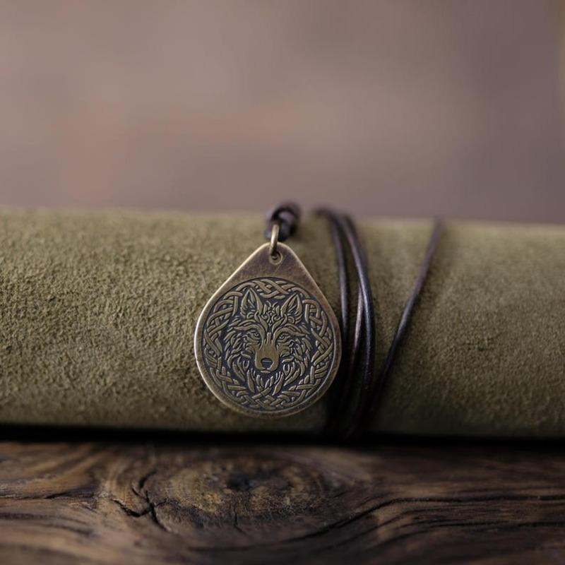 Celtic Wolf Necklace/Pendant. Made from Solid Brass with Adjustable/Sliding Leather Cord.