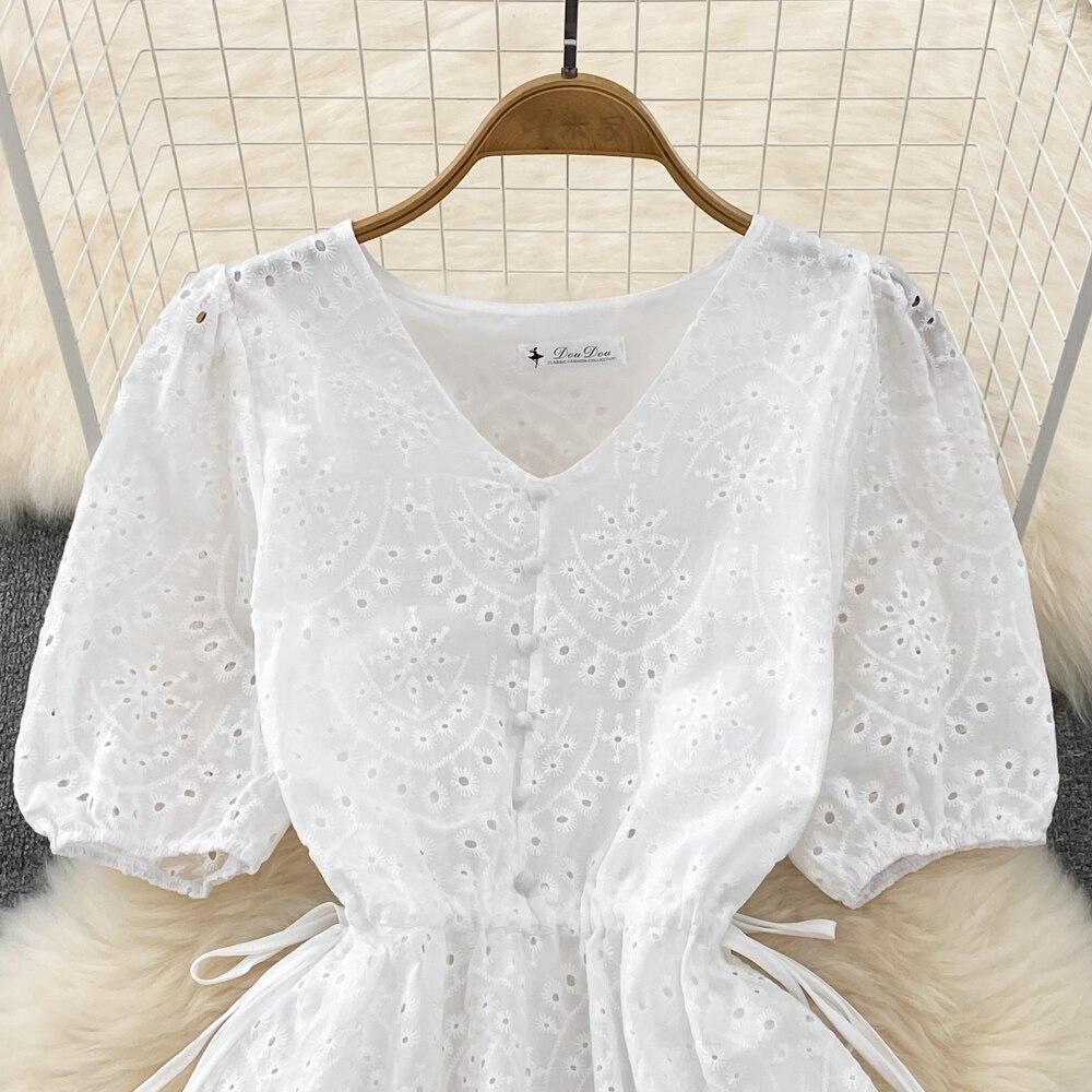 Summer Small Fresh Age-reducing Sweet Bubble Short-sleeved V-neck Hollow Embroidery Waist Tie Slim Dress Women