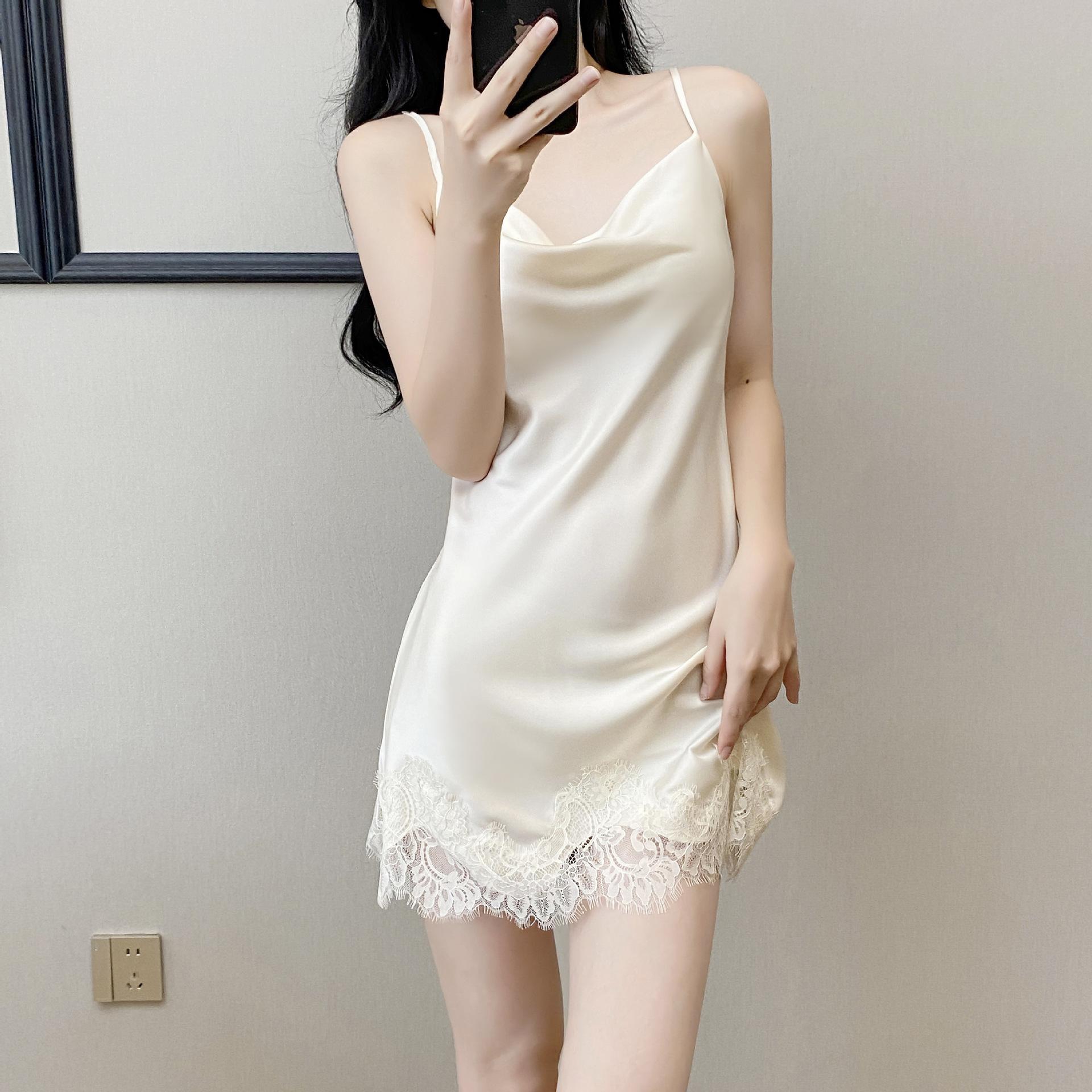 

New solid color suspender light luxury sexy small lace thunder lace nightdress women s slim home nightdress M