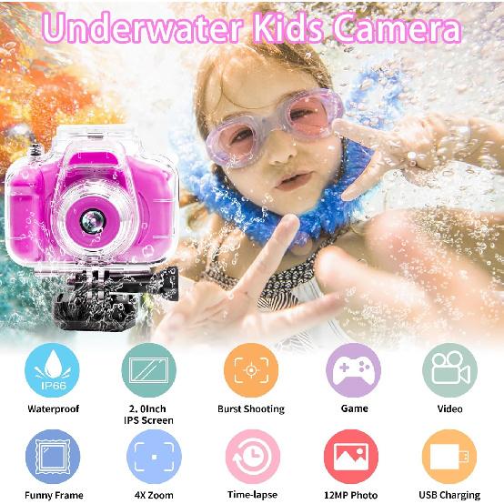 Kids Camera Underwater Waterproof Digital Camera for Kids 2 Inch IPS Screen 1080P HD Kids Video Action Camera for 3 4 5 6 7 8 9 10 Year Old Girls