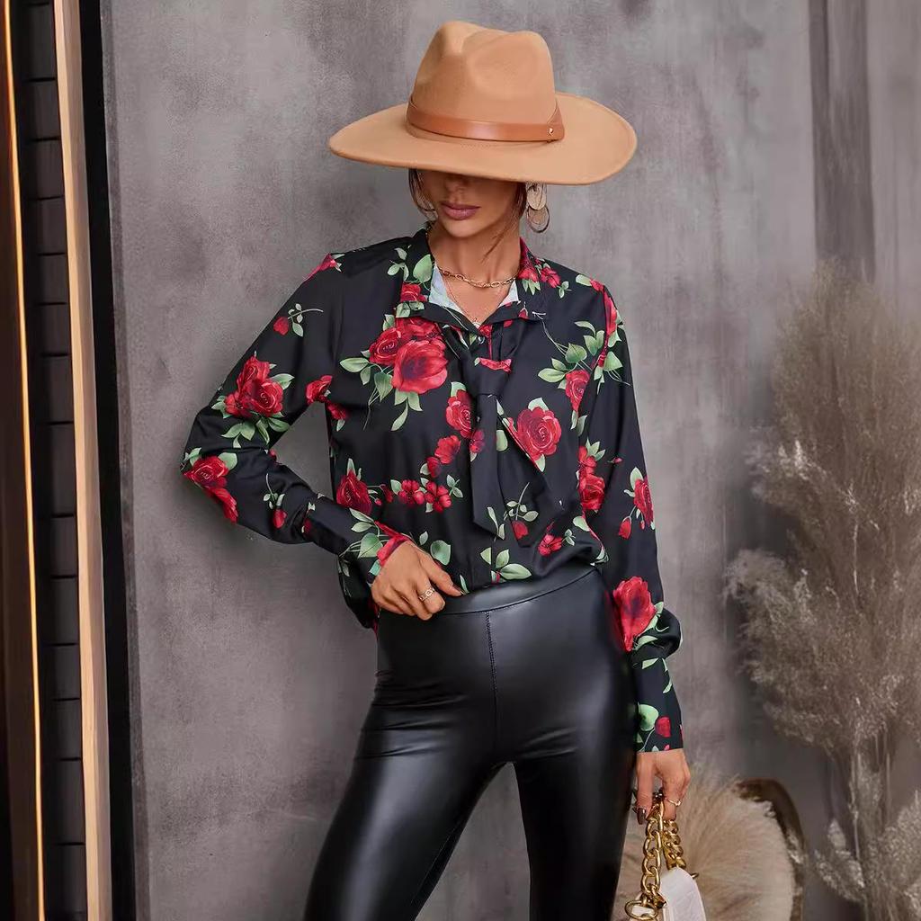 Europäischer & Amerikanischer Stil Damen Herbst Print Krawatte Einreihig Langarm Hemd