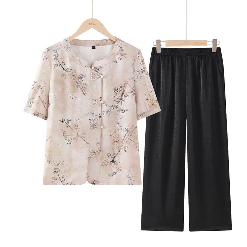 Elderly Women s Summer Short-Sleeve Shirt Set with Stand Collar 4XL