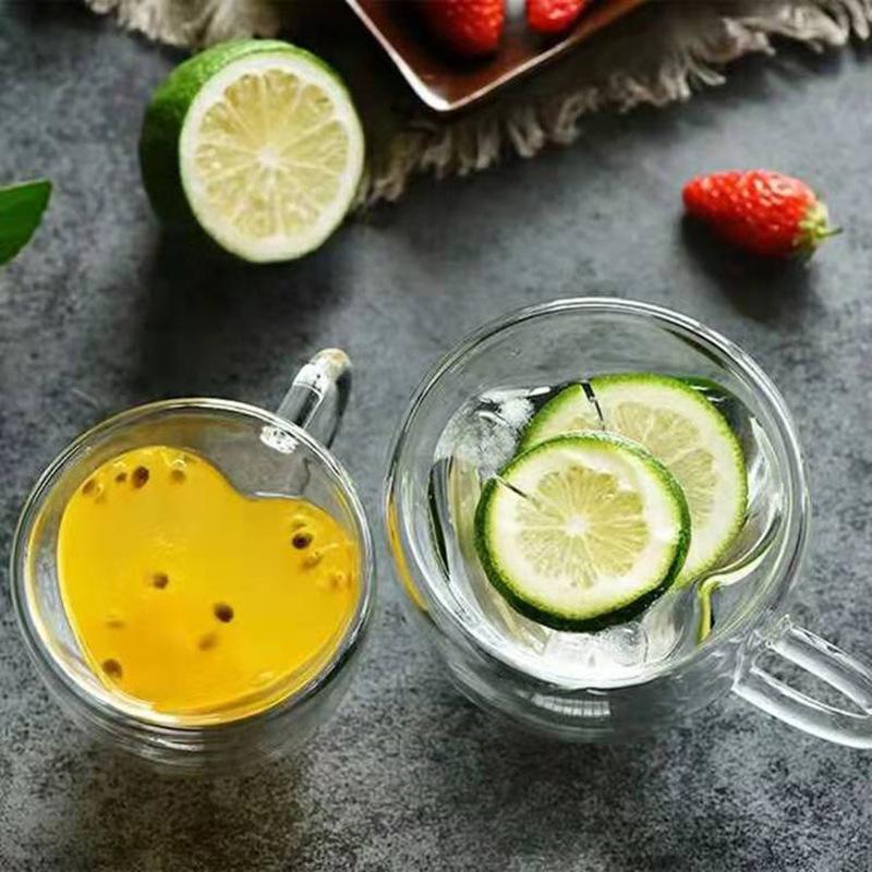 Glass Coffee Mug Cup Heart Love Shape Double Wall Drinking Tea Milk Juice Water Glasses Heat Resistant Drinkware Set Lover Gift