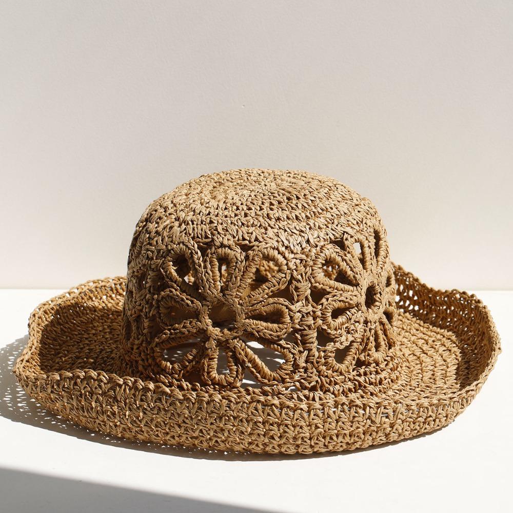 Flower Handmade Hand-woven Straw Hat Simple Design Flower Bucket Hat Panama Straw Hat  Women