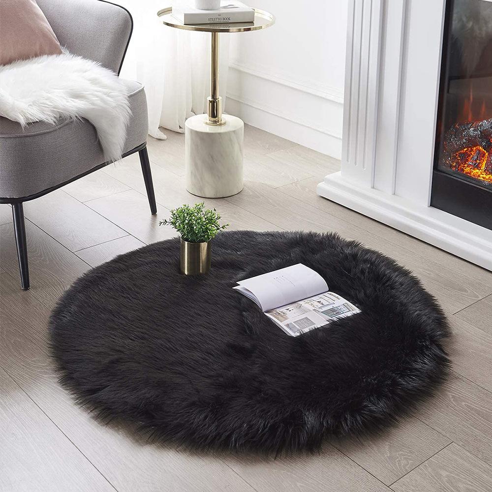 

Round Fur Rugs Plush Imitation Sheepskin Living Room Home Decor Carpets Bedroom Dresser Pink Area Fluffy Long Hair Floor Mats Diameter 40cm чорний