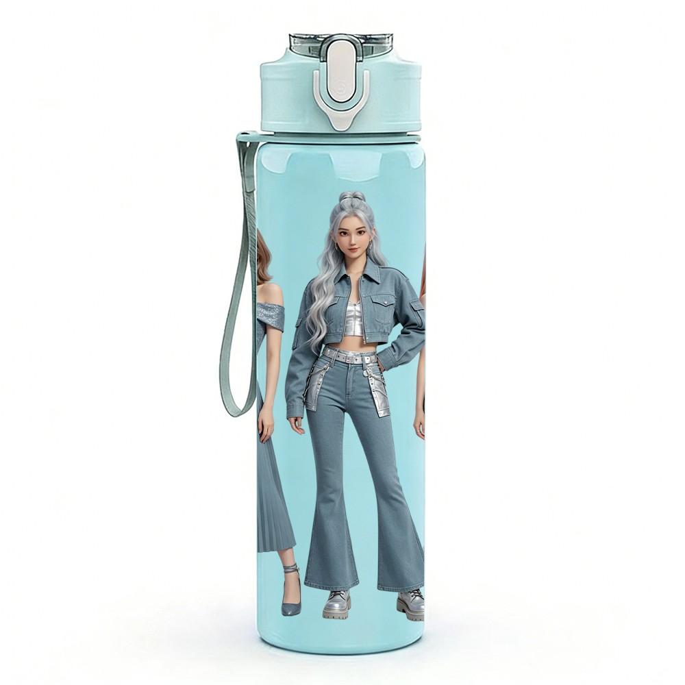 1PC Three Ladies Denim Outfit 750ml Color Plastic Sports Water Bottle Leakproof Flip Straw Lid Suitable for Sports Office Home Use