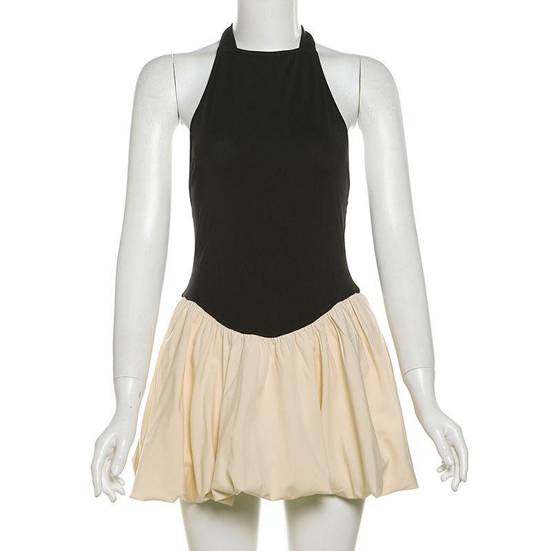 

Transition Sexy Fall and Winter New Fashion Sexy Sexy Patchwork Contrast Color Pleated Slim Fit Backless Slimming Halter Dress Black L