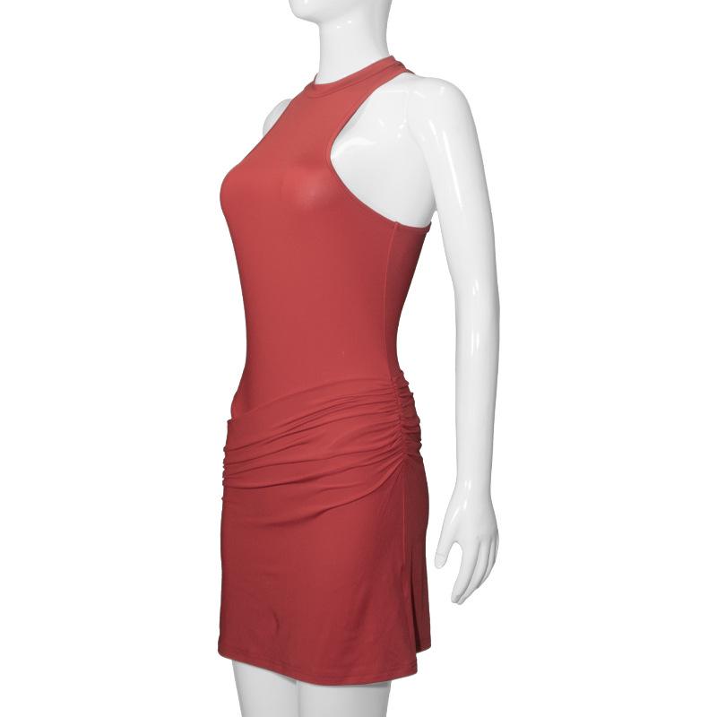 D189DS Chic Off-Shoulder Sleeveless Slim Fit Dress with Round Neckline.