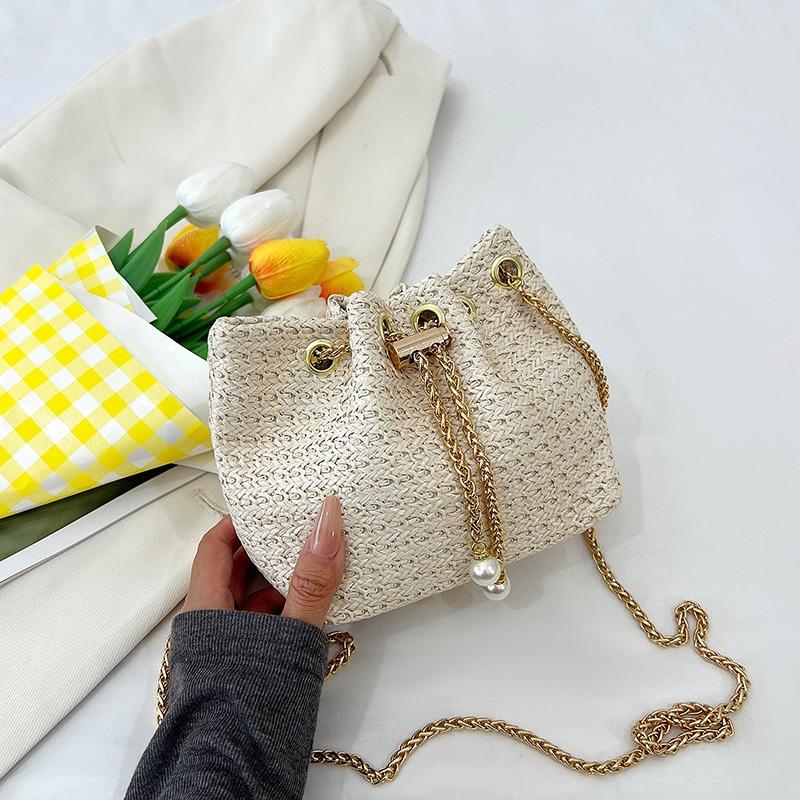 

Summer woven new fashion drawstring large capacity trend chain crossbody beach bucket armpit bag