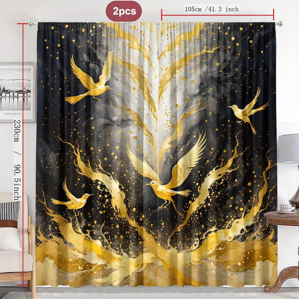 Set of 2 Golden Bird Patterned Curtains, Featuring a Modern Artistic Style with Rod Pockets, Suitable for Home Decoration in