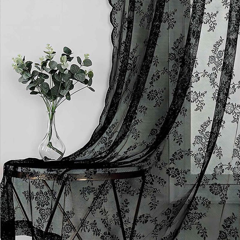 1pc Floral Embroidery Lace Curtain Vintage Flower Tulle Ruffle Sheer Curtain Panel Sweet Romantic Bedroom Window Decor Drapes