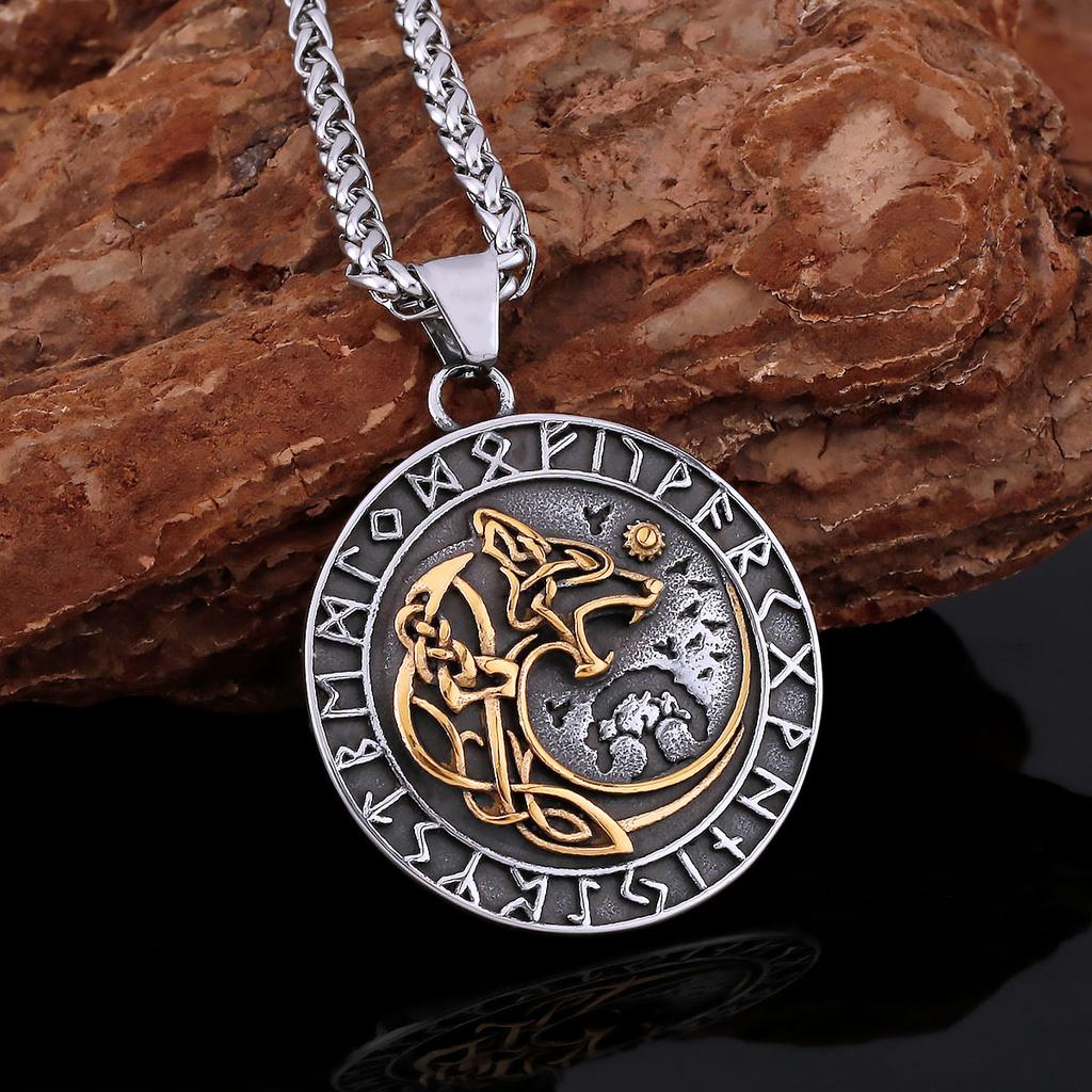Stainless Steel Nordic Mythology Wolf Necklace Viking Vintage Rune Amulet for Men Women Pendant Jewelry Gift