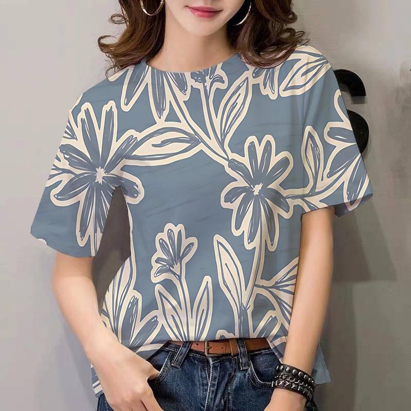 Fashion European and American Women's T-shirt Plant Flower Pattern 3D Printing Casual Women's Round Neck Short Sleeve Top
