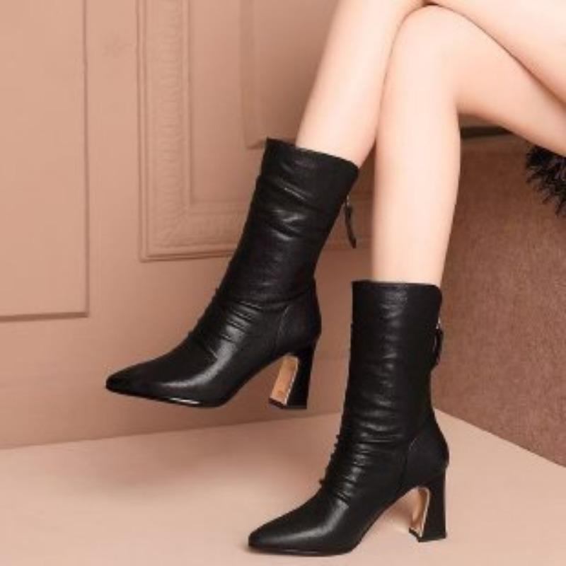 

Women s Fashion Mid Calf Boots Autumn Winter New Style Back Zipper Faux Fur Lined Chunky Heel Martin Leather Boots 40 чёрный