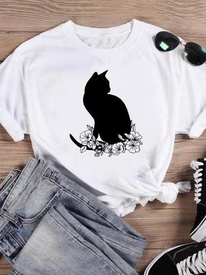 Short Sleeve Tops T-shirts Women Tee Print Summer Cartoon Cat Love Valentine Shirt Female Graphic Fashion Clothing