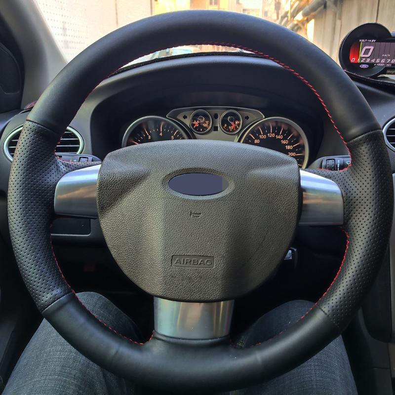 Capa de volante de carro costurada à mão em couro preto para Ford Focus 2 2005 2006 2007 2008 2009 2010