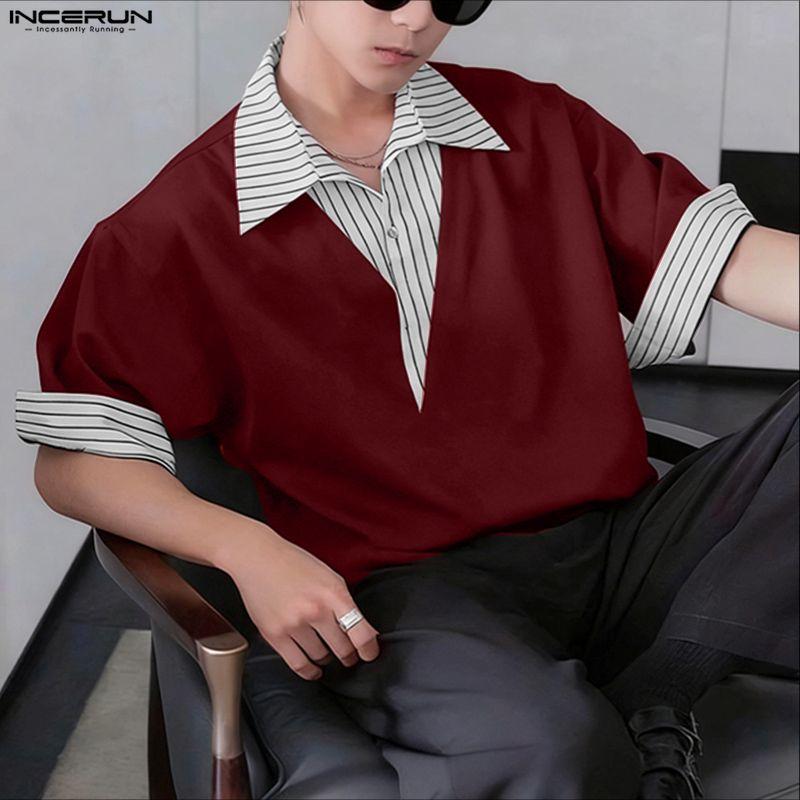 INCERUN Summer Men Lapel Neck Short Sleeve Striped Patchwork Casual Loose T-shirts Tops
