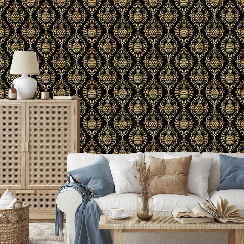 Black and Gold Tropical Ochre Pattern Wallpaper, Soft Shapes 50x1000
