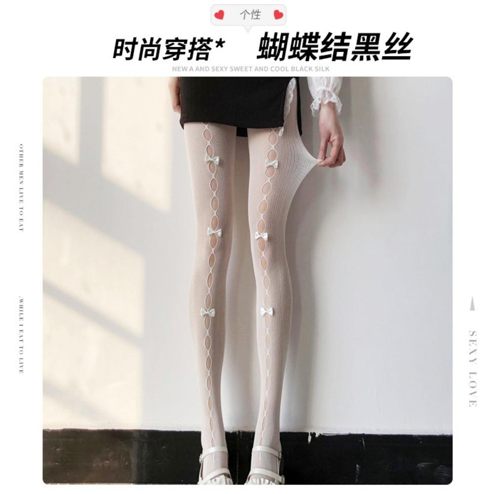 White Silk Fishnet Socks Summer Ultra-thin Bow Girl Japanese JK Black Stockings Sexy Hollow White Pantyhose
