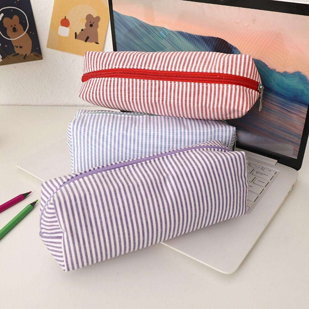 Stripe Design Pen Bag Seersucker Pen Pouch Simple Stationery Organizer  Back to School