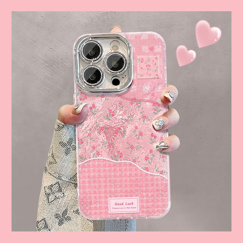 Pink Florals Suitable for Apple 16pro Glacier Pattern Mobile Phone Case 15 Full-inclusive Lens Film 14 Spring and Summer 13 Small Fresh X