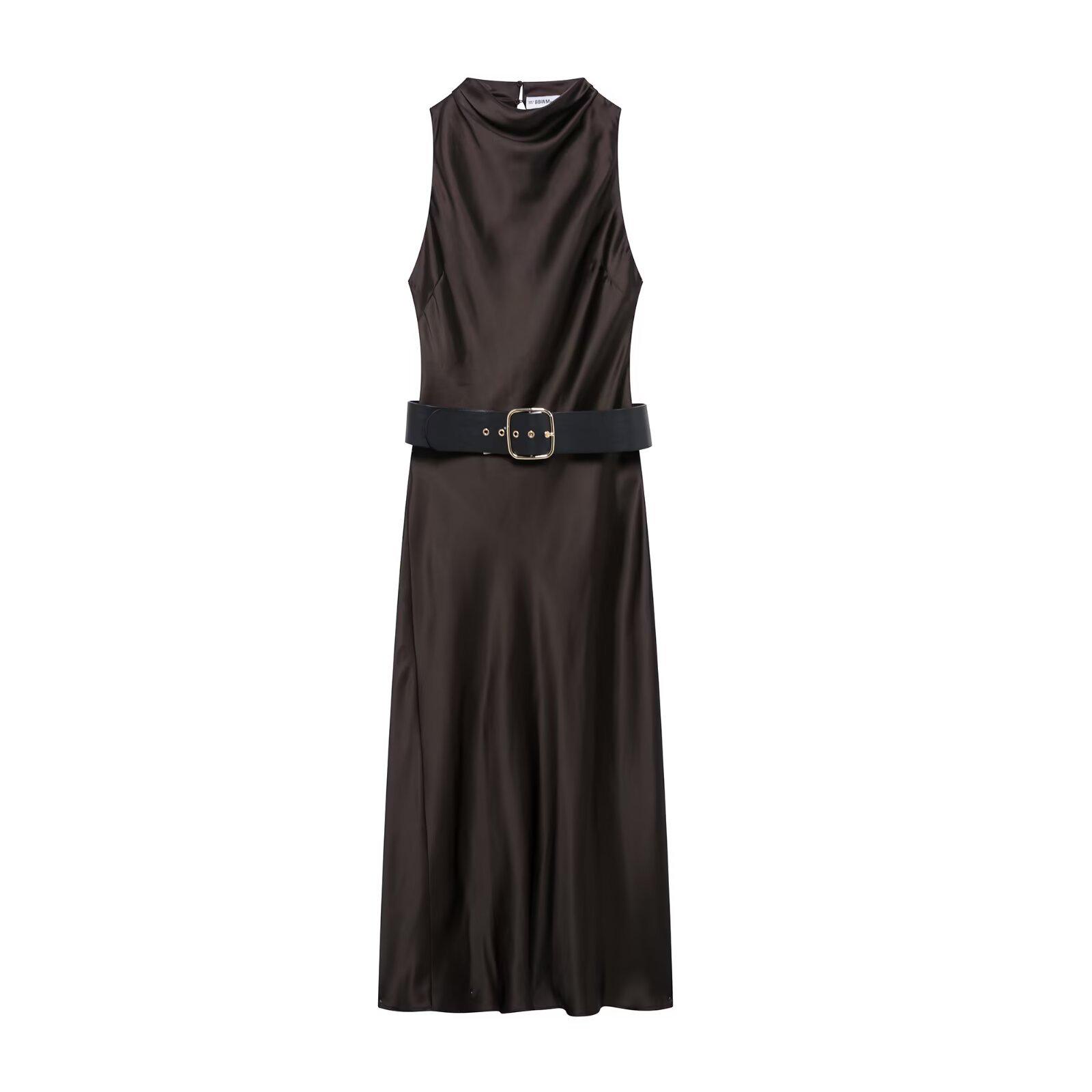 

2025 Spring Women s European-American Style Silk Satin Belted Midi Dress Small