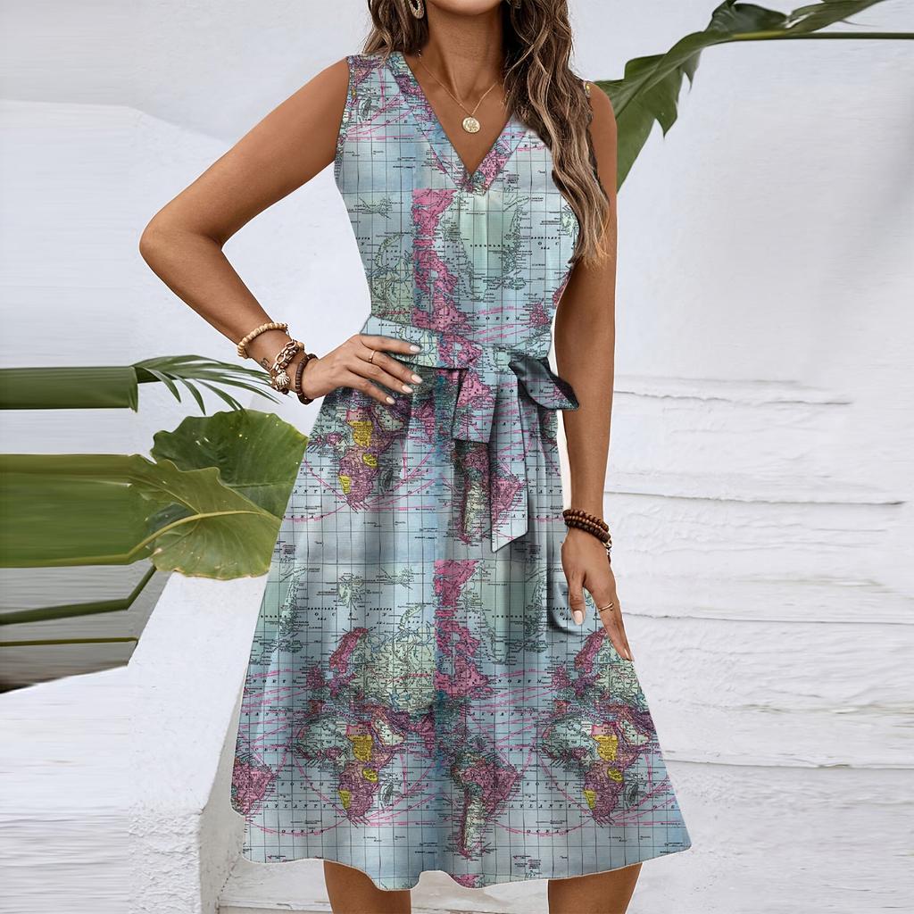 Women's Spring And Summer Casual V-Neck Sleeveless Waist Floral Print Midi Dress