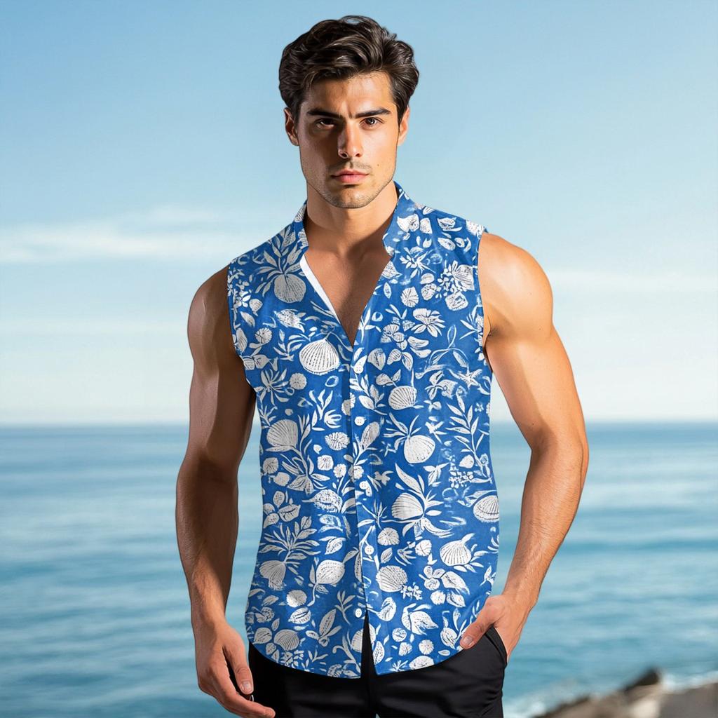 Men's Fashion Printed Sleeveless Lapel Button-Down Shirt Vest Top