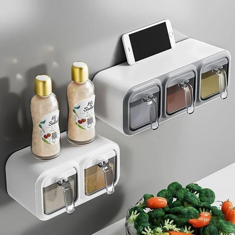 Kitchen Wall Mount Jars for Spices Salt and Pepper Shaker Seasoning Jar Spice Organizer With Spoons Condiment Organizer Box