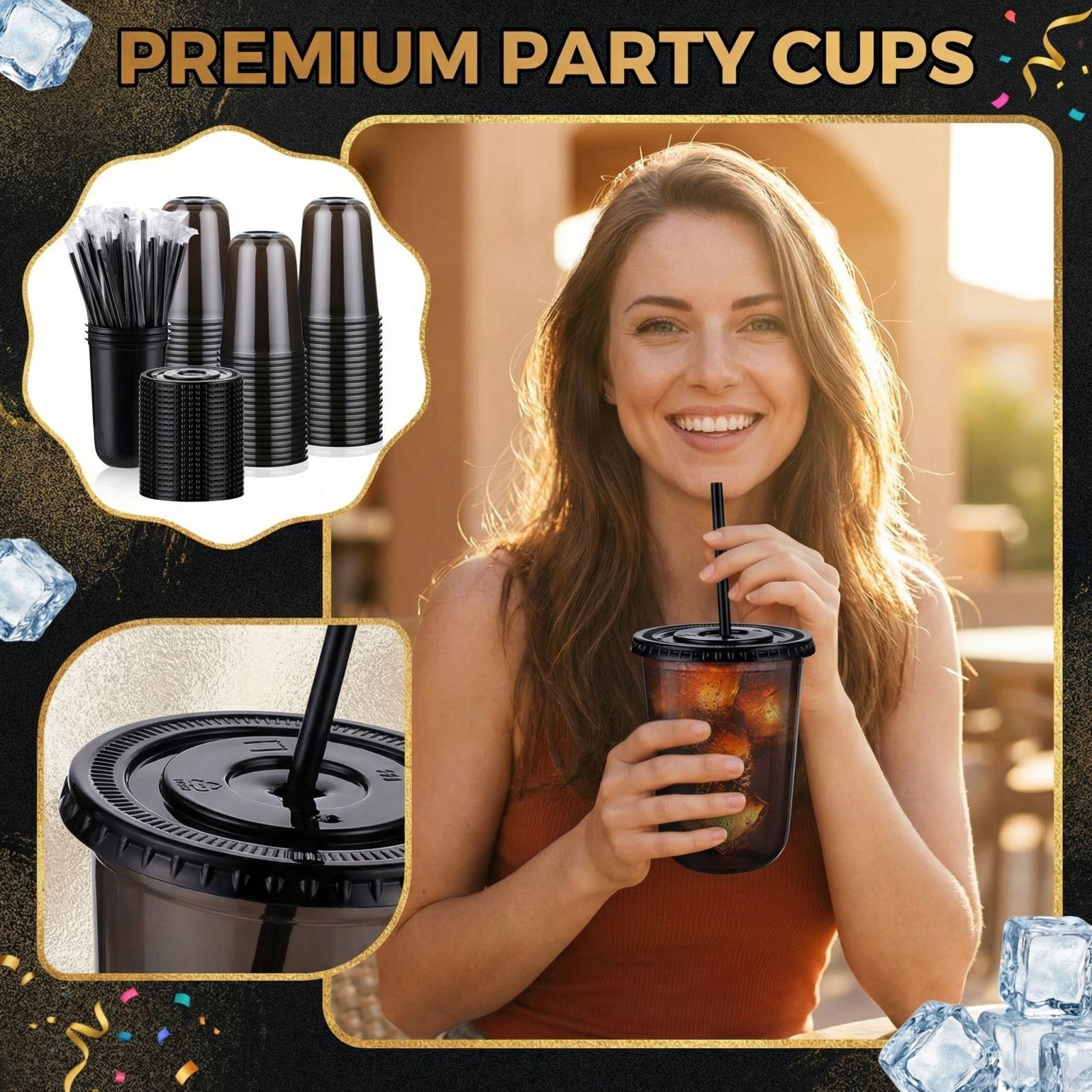 50 Sets Of 16 Ounce Plastic Cups With Lids And Straws, Disposable Black Transparent Iced Coffee Cups With Lids One Size