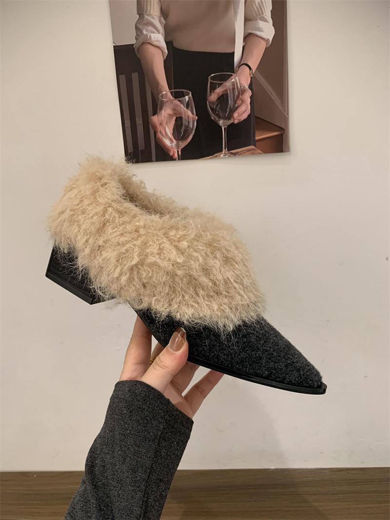 

2025 autumn and winter pointed head fluffy thick heel single shoes retro plush warm loafers small leather shoes 39 сірий колір