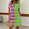 Women's Fashion Striped Print Round Neck Short Sleeve Buttoned Casual Dress