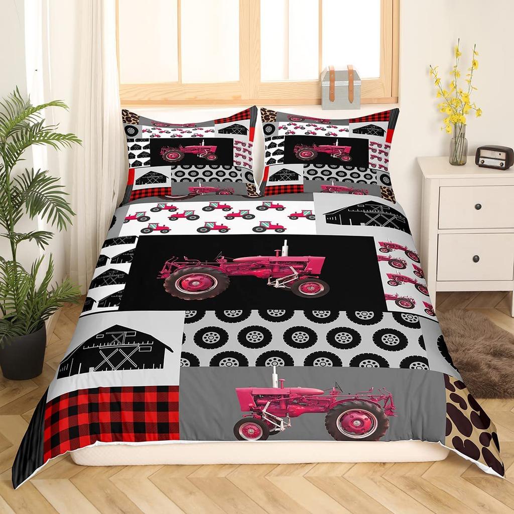 Red Agricultural Tractor Three-Piece Quilt Cover 3D Digital Printing Bedding Set Bed Cover