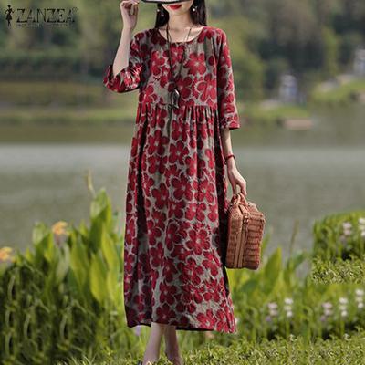 Women Summer 3/4 Sleeve O-neck Print Casual Long Dress