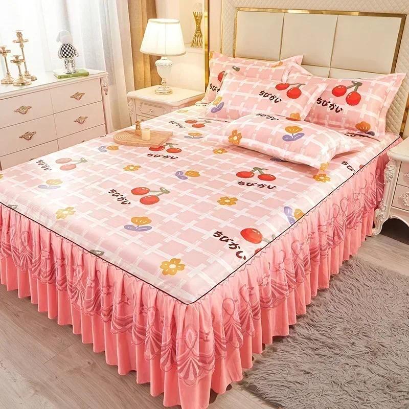 Korean Version Lace Solid Color Bed Skirt Three Piece Set, Skin Friendly Double-layer Bed Cover Non Slip Bed Cover Falda De Cama