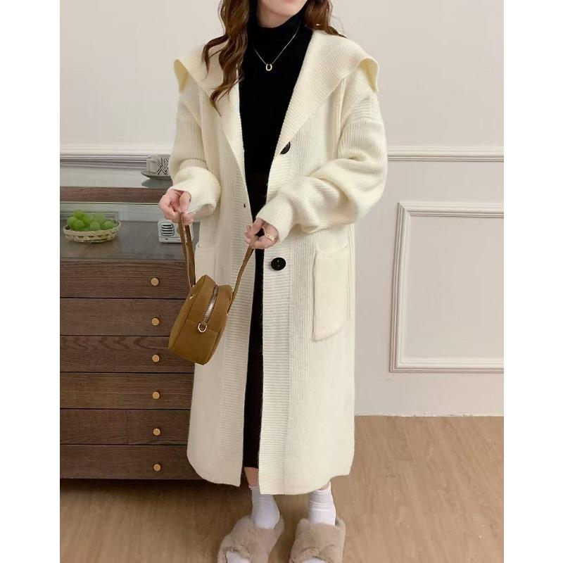 

Autumn and winter new high-quality long lazy wind loose thickened lapel knitted cardigan coat sweater jacket One size
