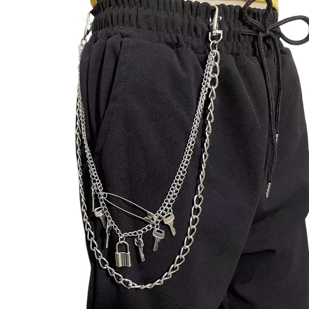 Retro metal key pendant, multi-layer waist chain, female punk trend lock-shaped trouser chain decoration