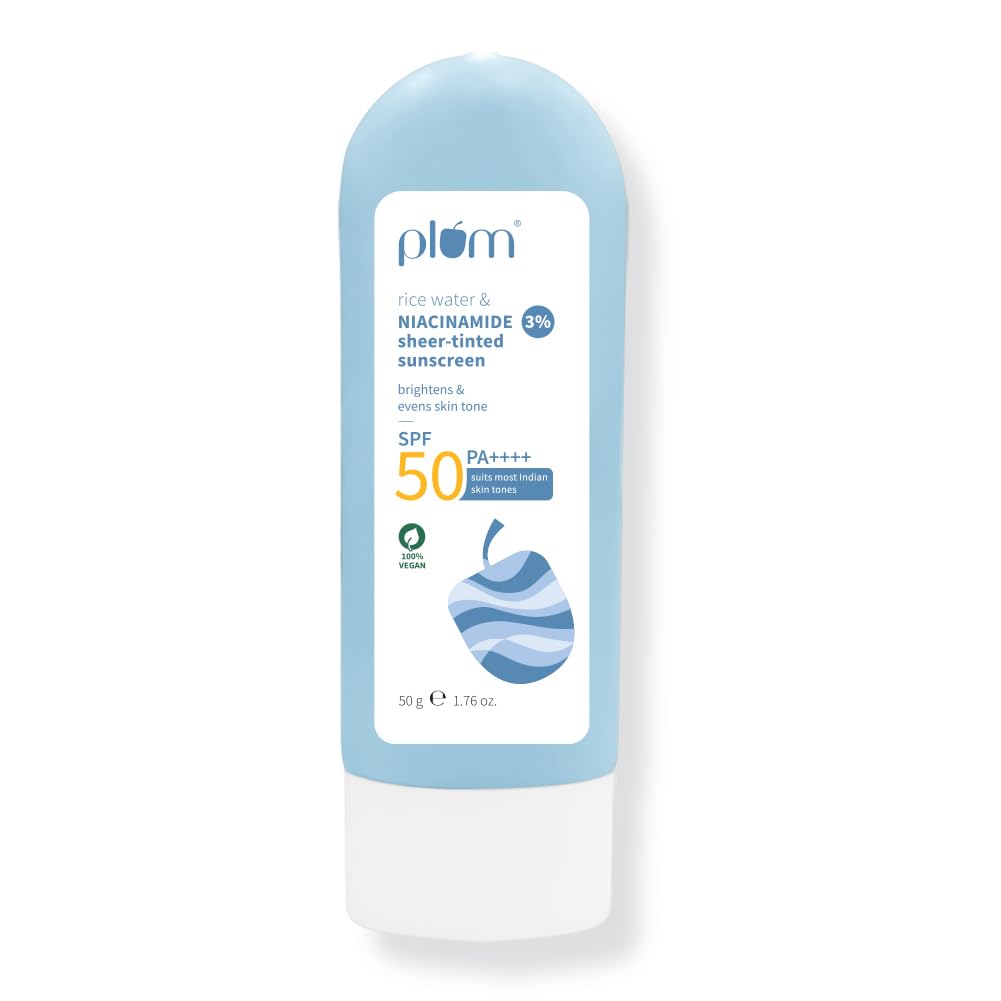 

Plum Rice Water & 3% Niacinamide Sheer-Tinted Sunscreen SPF 50 PA++++ For Women, 50gm, Non-Oily, Vegan