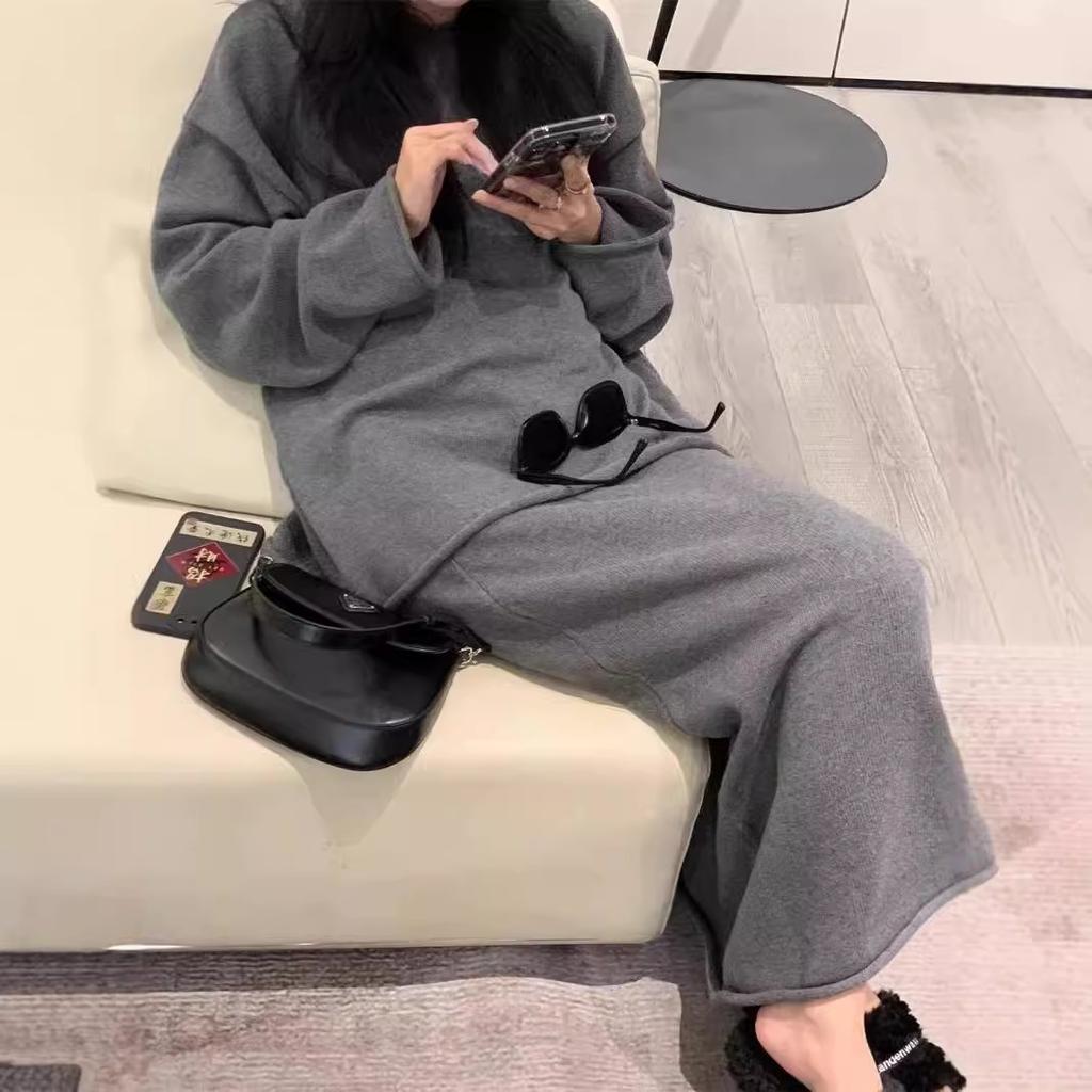New solid color round neck loose lazy style pullover + elastic waist skirt foreign style two-piece set for women