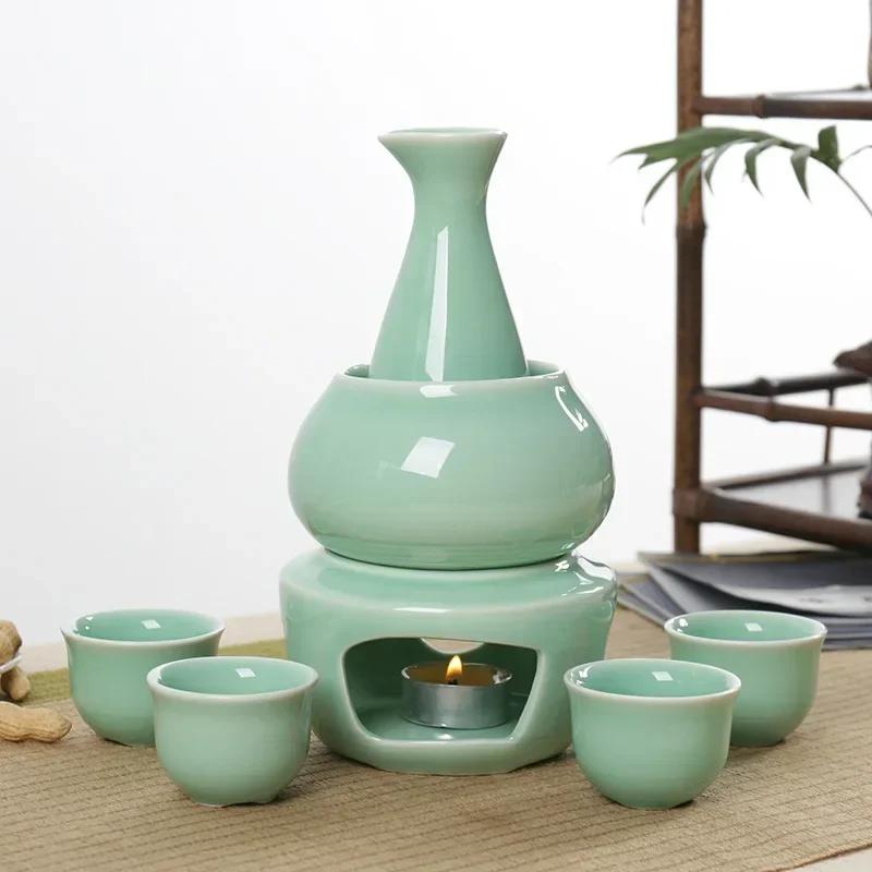 Janpanese Sake Set with Wamer, Ceramic 7pcs Wine Set with 1 Carafe 4 Sake Cups 1 Sake Warmer 1 Candle Stove