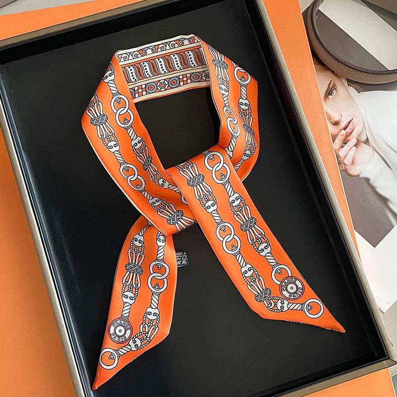 

Women s Retro Buckle Ribbon Color-blocking Chain Scarf Twill Double-sided Strip Decorative Streamer Headscarf оранжевый