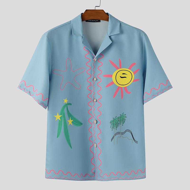 

INCERUN S-XXXXXL Мужские рубашки с лацканами, с коротким рукавом, с мультяшным принтом, повседневные, свободного кроя 4XL