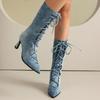 Denim Fashion Show Ankle Boots Stiletto High Heel Pointed Toe Lace-up Shoes For Woman All-match Street Snap Women Boots