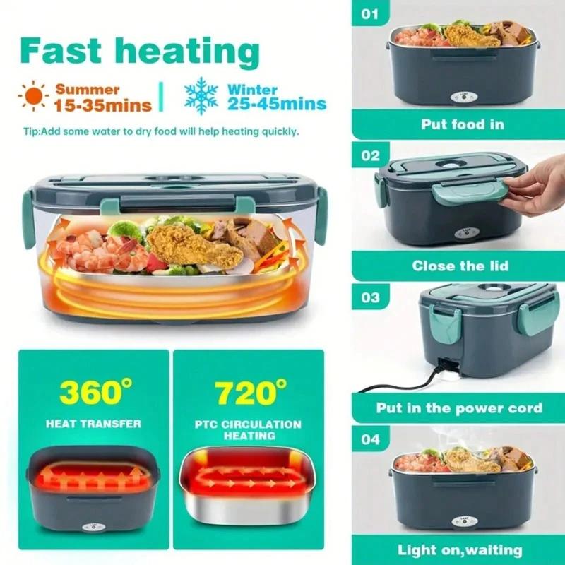 Large Capacity Plastic Heating Lunch Box with Spoon New Portable Food Warmer Electric Lunch Box for Car & Truck & Home & Office