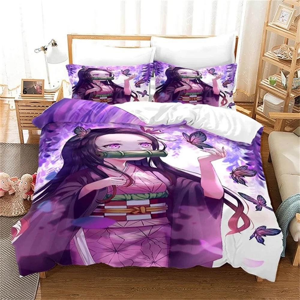 Nezuko Kamado Bettwäsche Set Anime Demon Slayer Bettbezug Bettdecke Bettwäsche Einzelbett Twin Full Queen Size 3D Kinder Mädchen Jungen Geschenk EU Single(135*200cm)3pcs