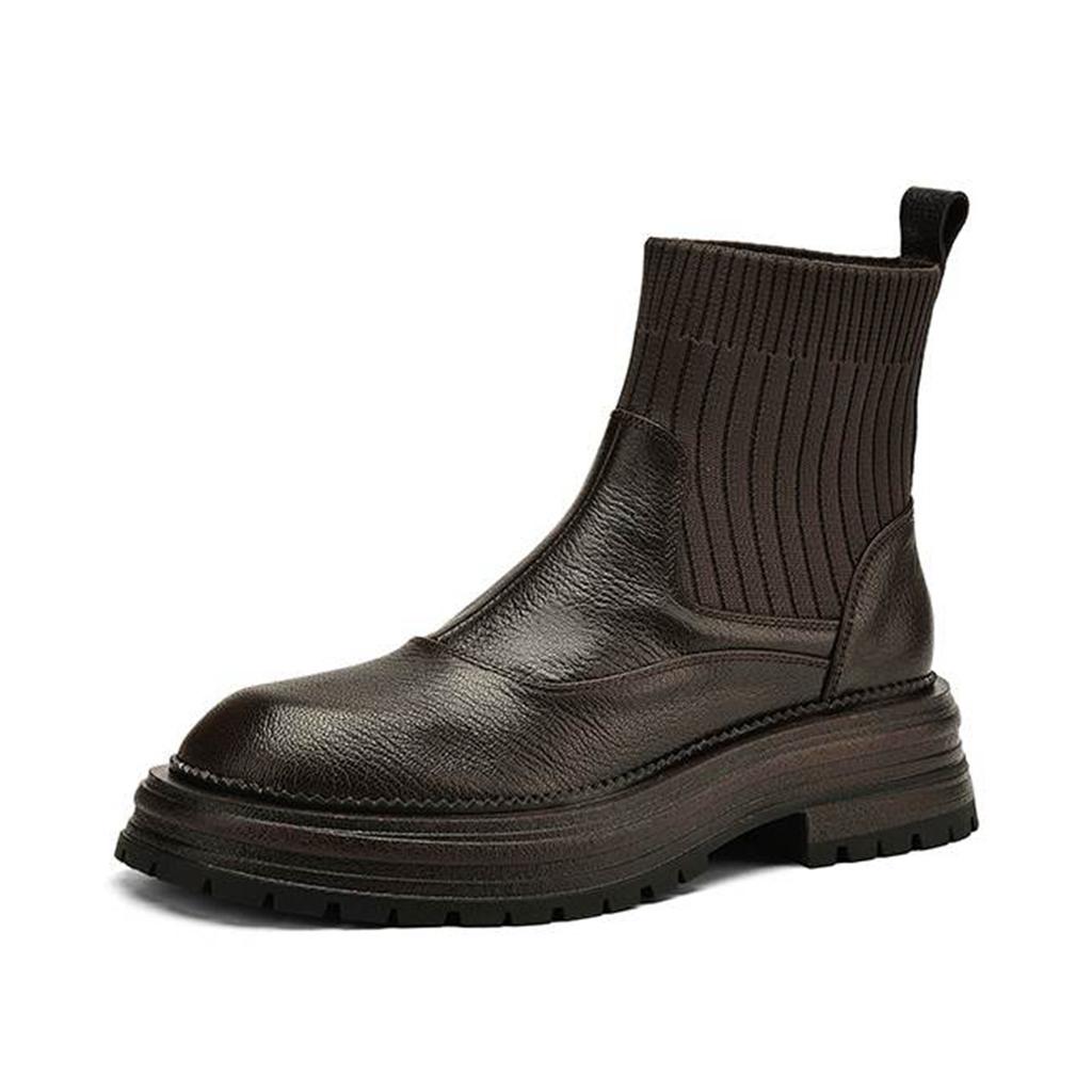 Krazing Pot Sheepskin Winter Round Toe Chunky Heels Fashion Motorcycle Boots Women Slip on Kniting Platform Ankle Boots