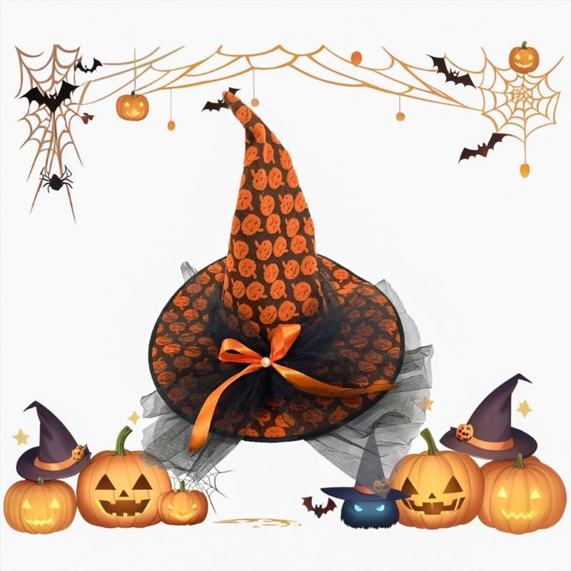 Eye Catching Witch Hat With Mesh Panel Halloween Party Wear Practical Fabric Cosplay Props Costume Accessory